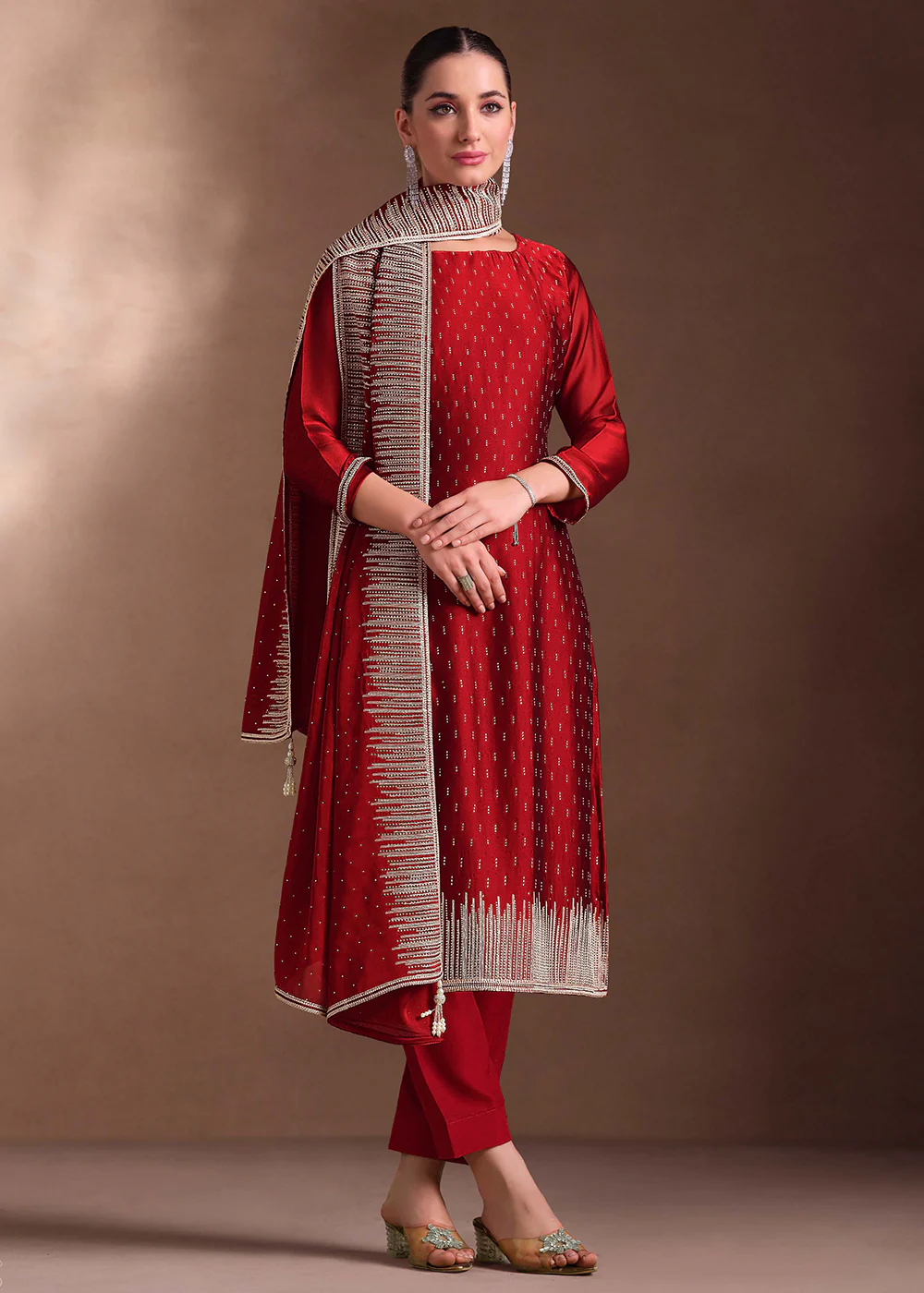 Red Two Tone Cottonic Georgette Festive Salwar Suit