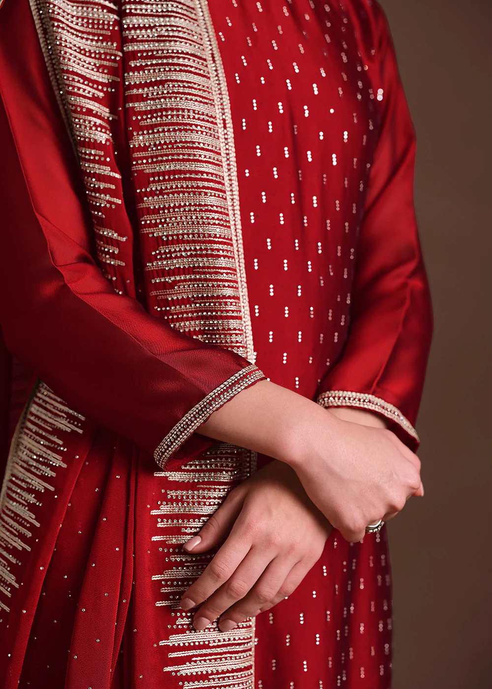 Red Two Tone Cottonic Georgette Festive Salwar Suit - Image 3