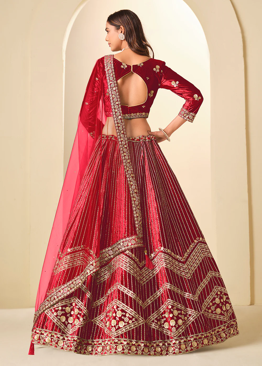 Red Velvet Beautifully Embroidered Lehenga Choli - Image 3