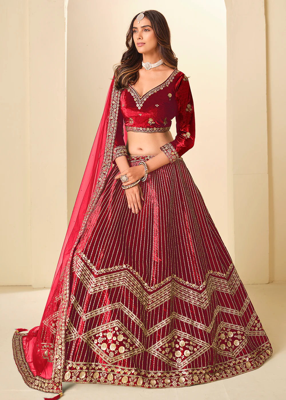 Red Velvet Beautifully Embroidered Lehenga Choli - Image 4