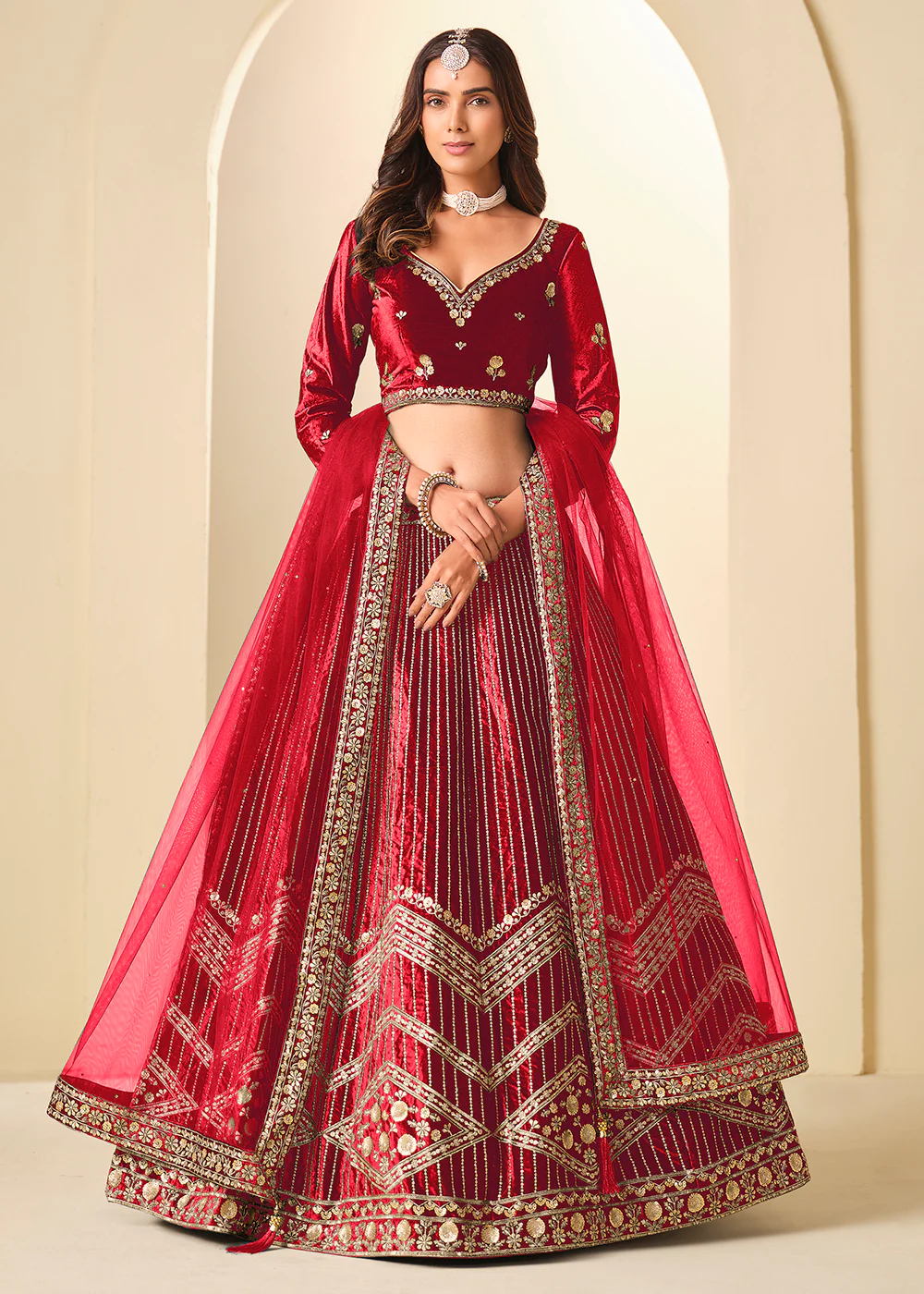 Red Velvet Beautifully Embroidered Lehenga Choli - Image 5