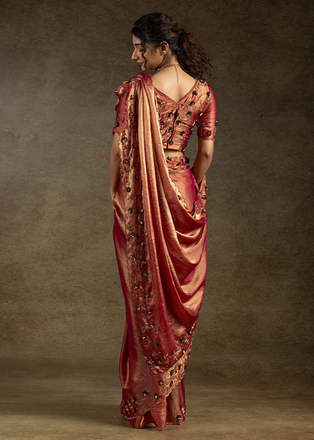 Red Zarkan Work Embroidered Designer Party Wear Saree - Image 3