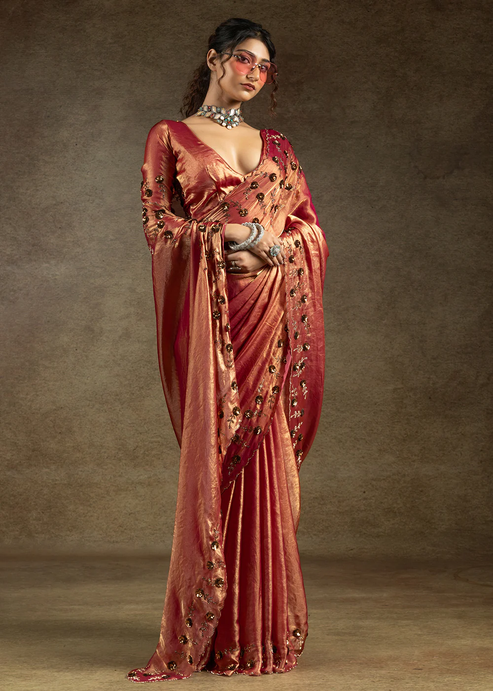 Red Zarkan Work Embroidered Designer Party Wear Saree - Image 4