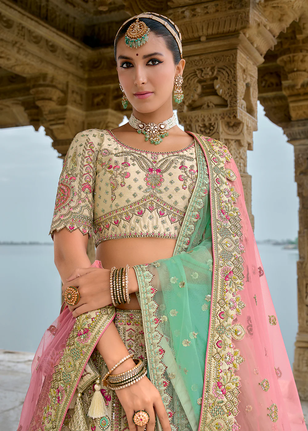 Regal Beige Silk Embroidered Bridal Wear Lehenga Choli - Image 2