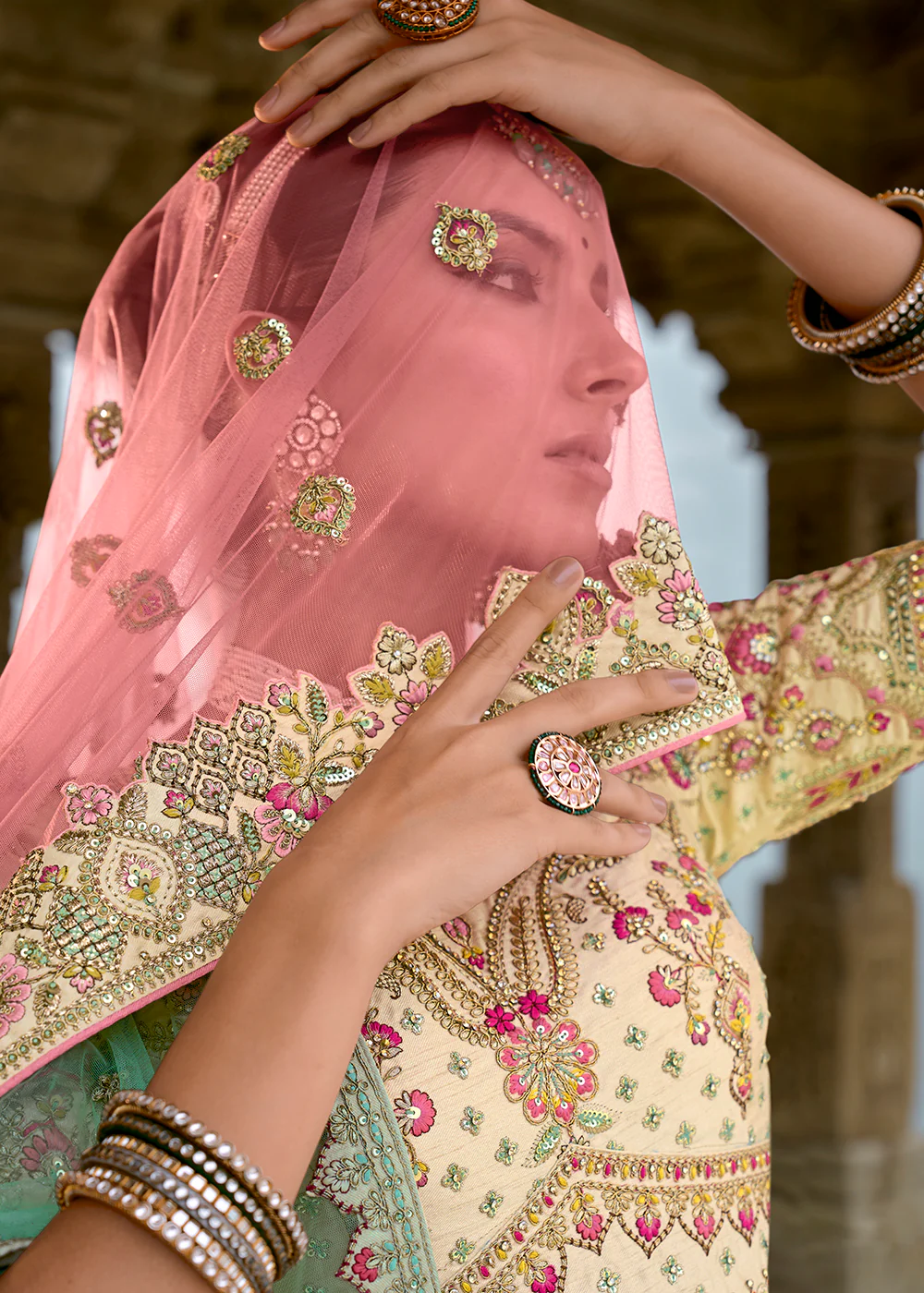 Regal Beige Silk Embroidered Bridal Wear Lehenga Choli - Image 5