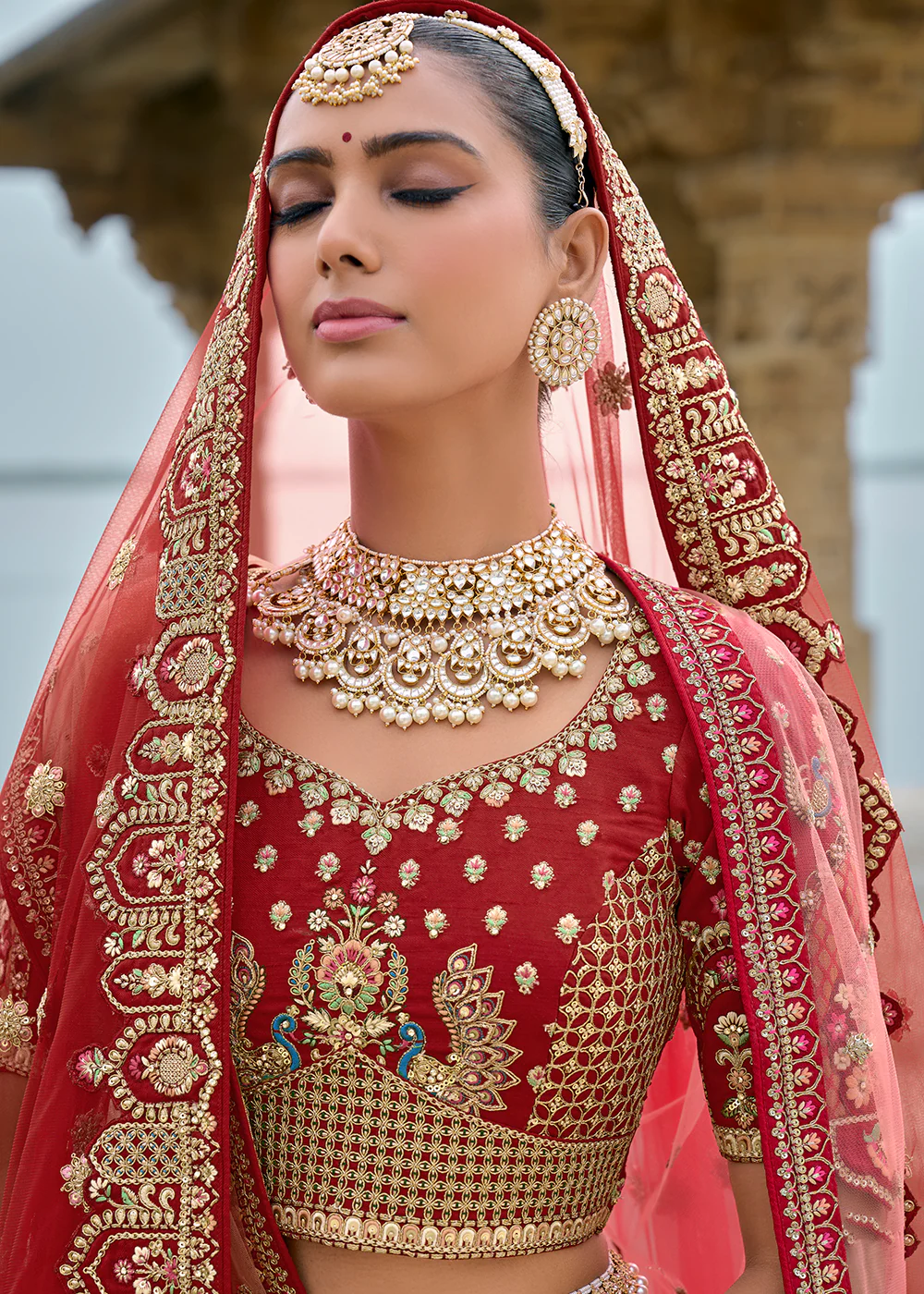 Regal Red Silk Embroidered Bridal Wear Lehenga Choli - Image 2