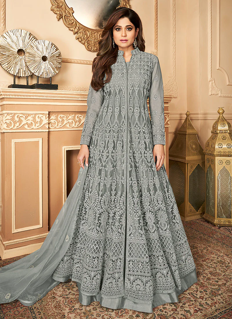 Remarkable Grey Shamita Shetty Designer Anarkali