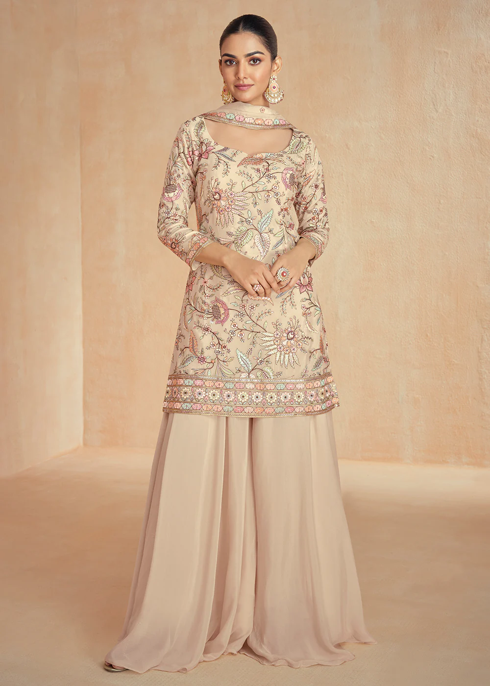 Resham Embroidered Beige Festive Sharara Style Suit