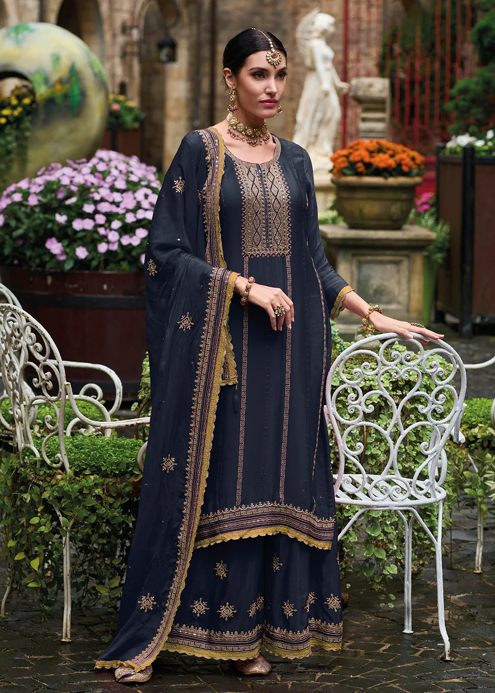 Resham & Sequins Blue Chinnon Party Wear Palazzo Suit