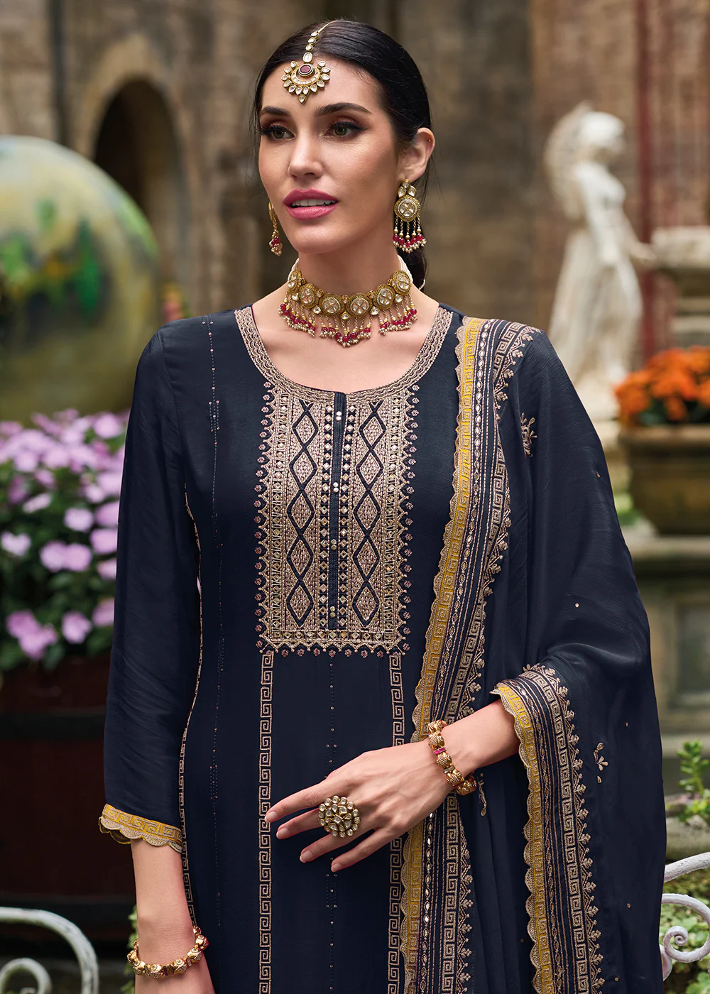 Resham & Sequins Blue Chinnon Party Wear Palazzo Suit - Image 2
