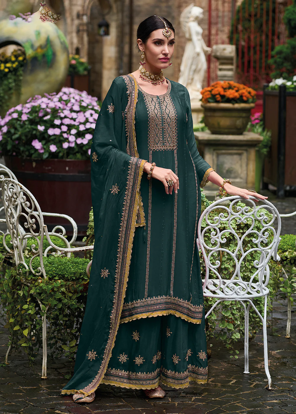 Resham & Sequins Green Chinnon Party Wear Palazzo Suit