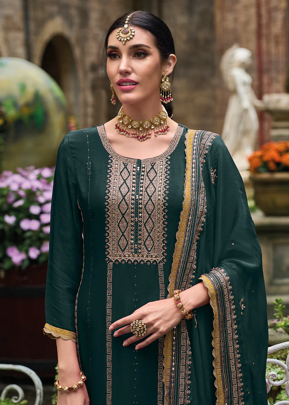 Resham & Sequins Green Chinnon Party Wear Palazzo Suit - Image 2