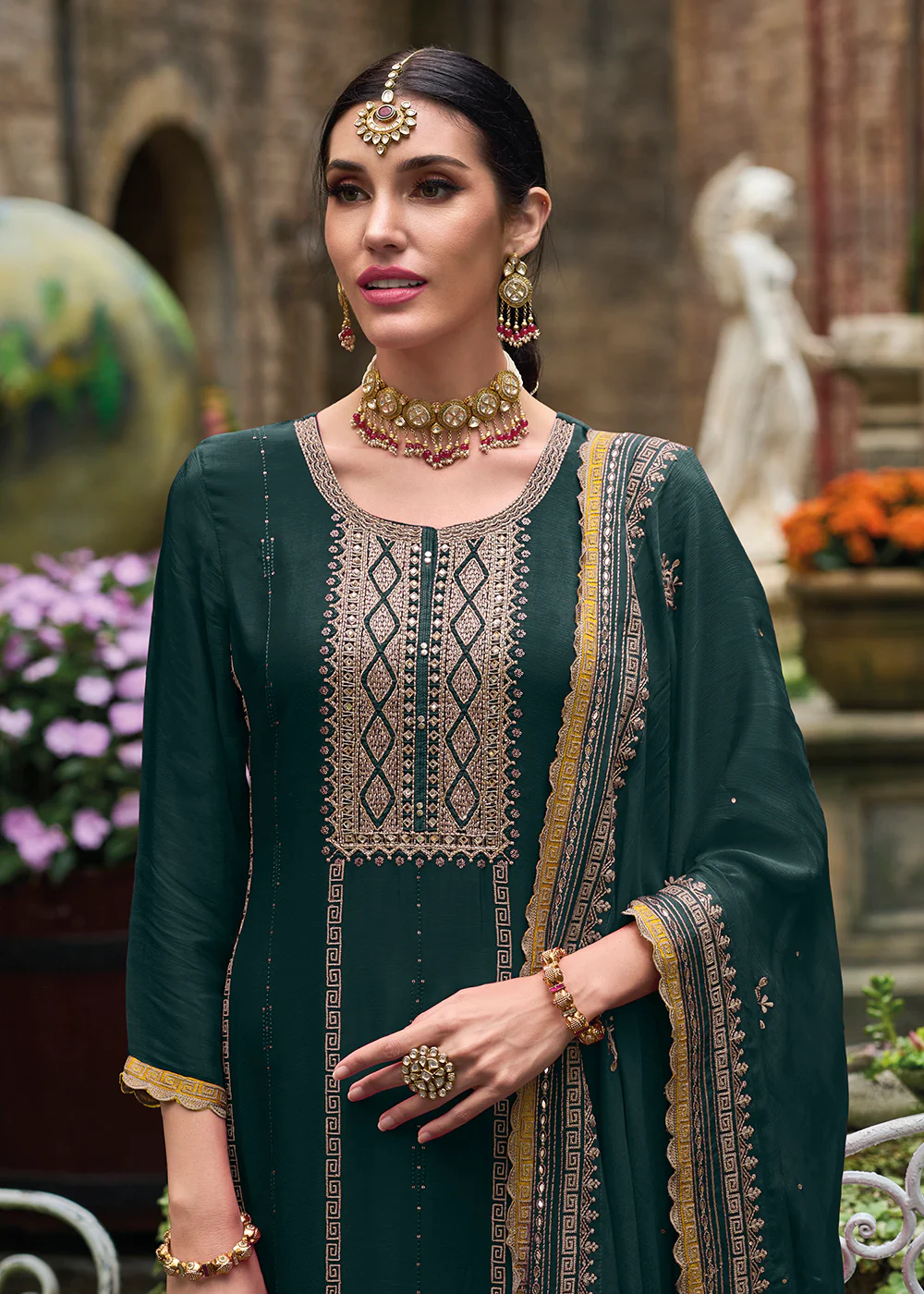 Resham & Sequins Green Chinnon Party Wear Palazzo Suit - Image 3