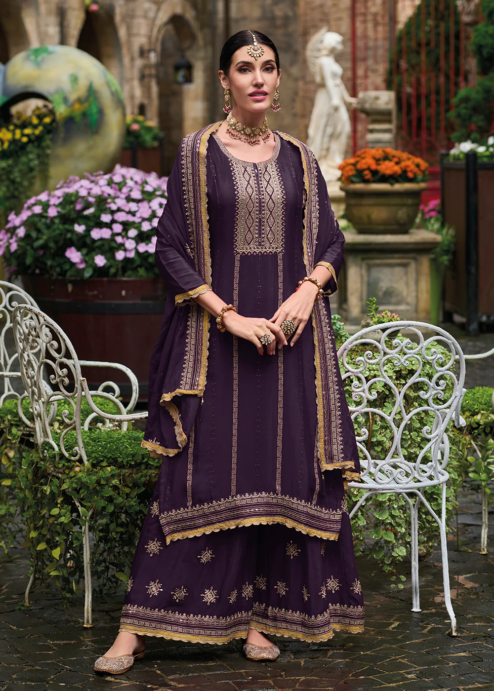 Resham & Sequins Purple Chinnon Party Wear Palazzo Suit