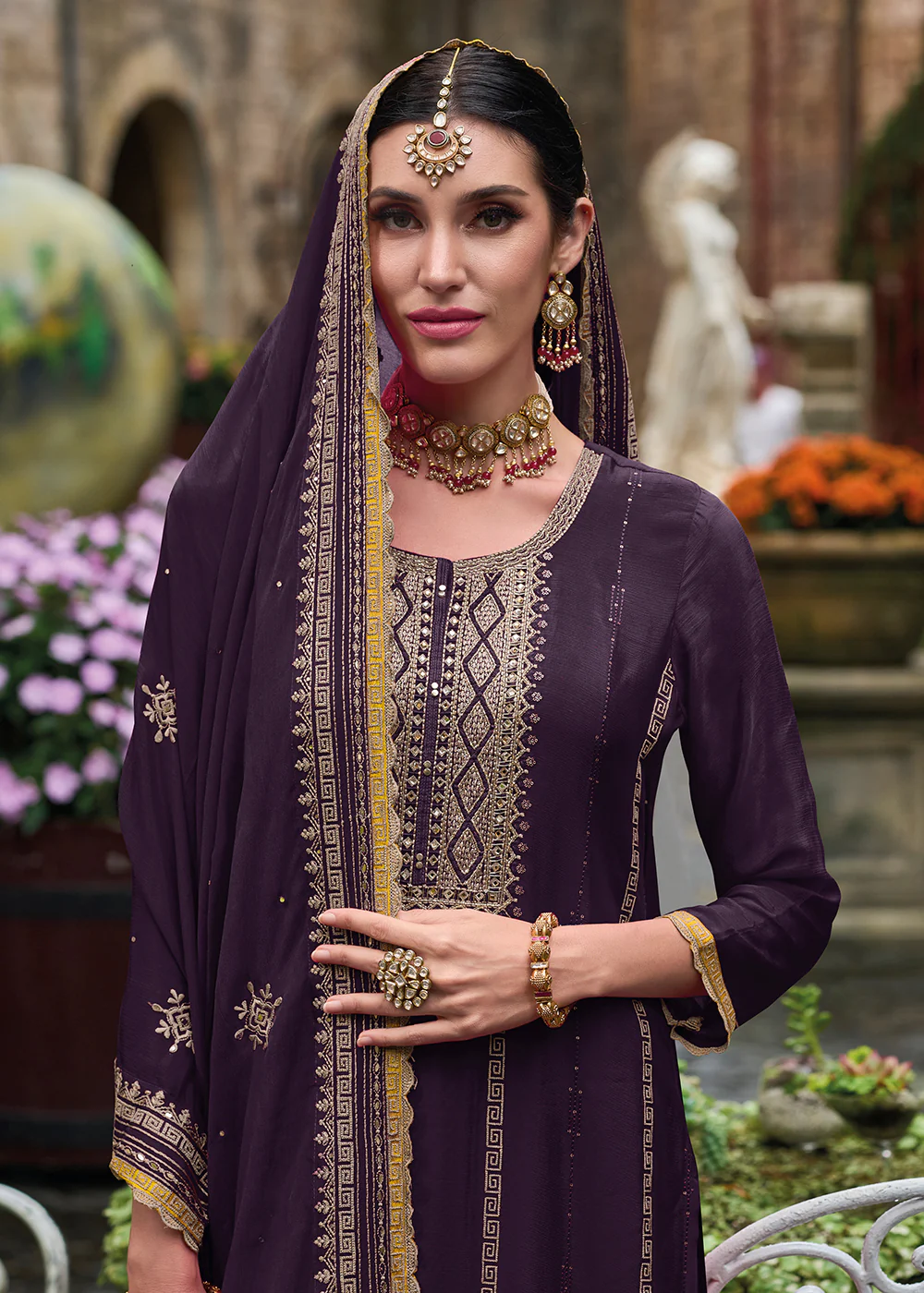 Resham & Sequins Purple Chinnon Party Wear Palazzo Suit - Image 2