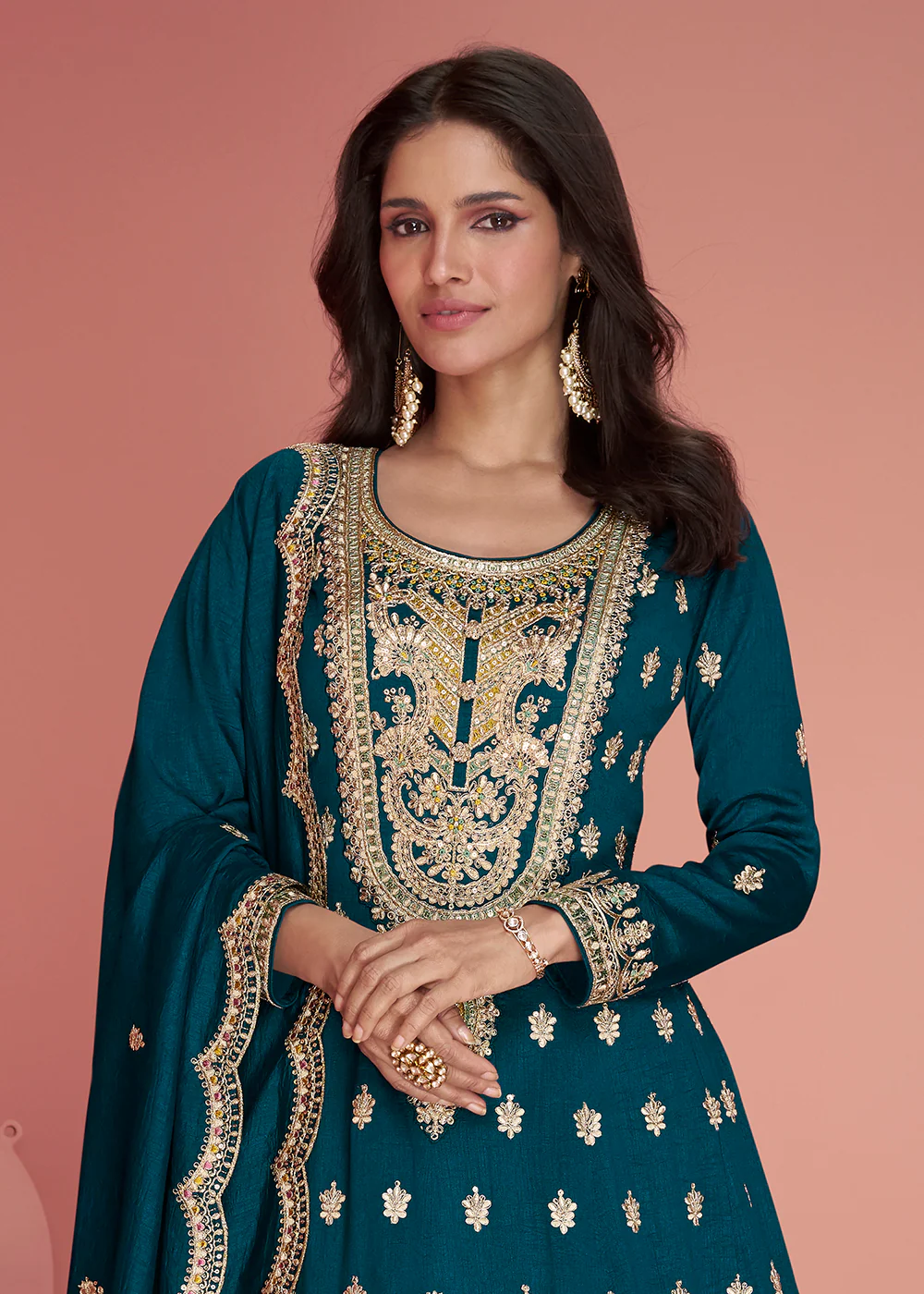 Resham Thread Embroidered Blue Festive Palazzo Suit - Image 2