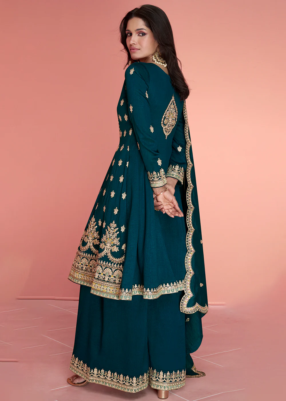 Resham Thread Embroidered Blue Festive Palazzo Suit - Image 3