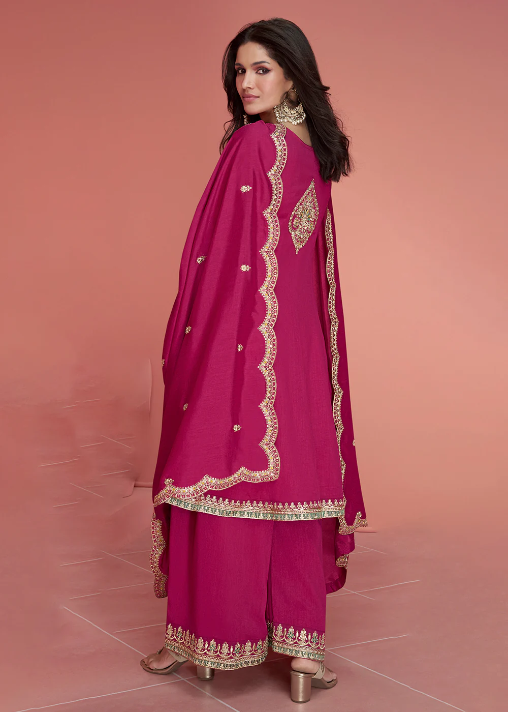 Resham Thread Embroidered Pink Festive Palazzo Suit - Image 3