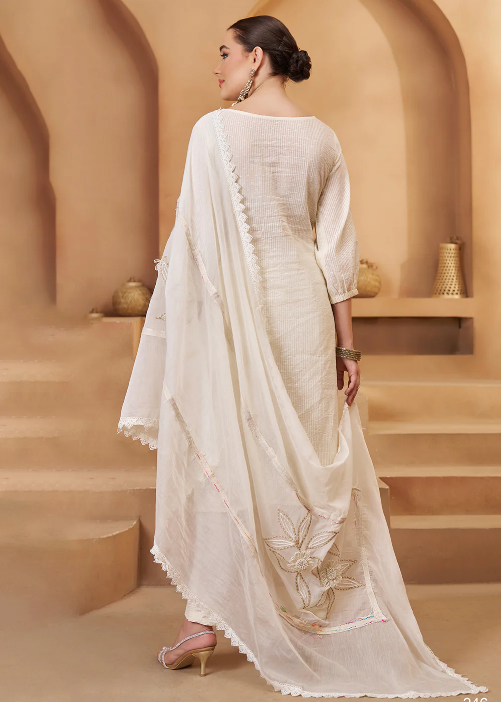 Rich Off White Cotton Embroidered Pant Style Suit - Image 3