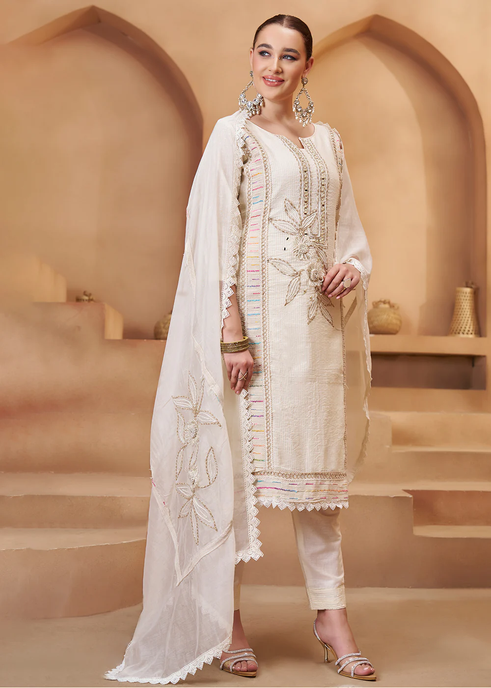 Rich Off White Cotton Embroidered Pant Style Suit - Image 4