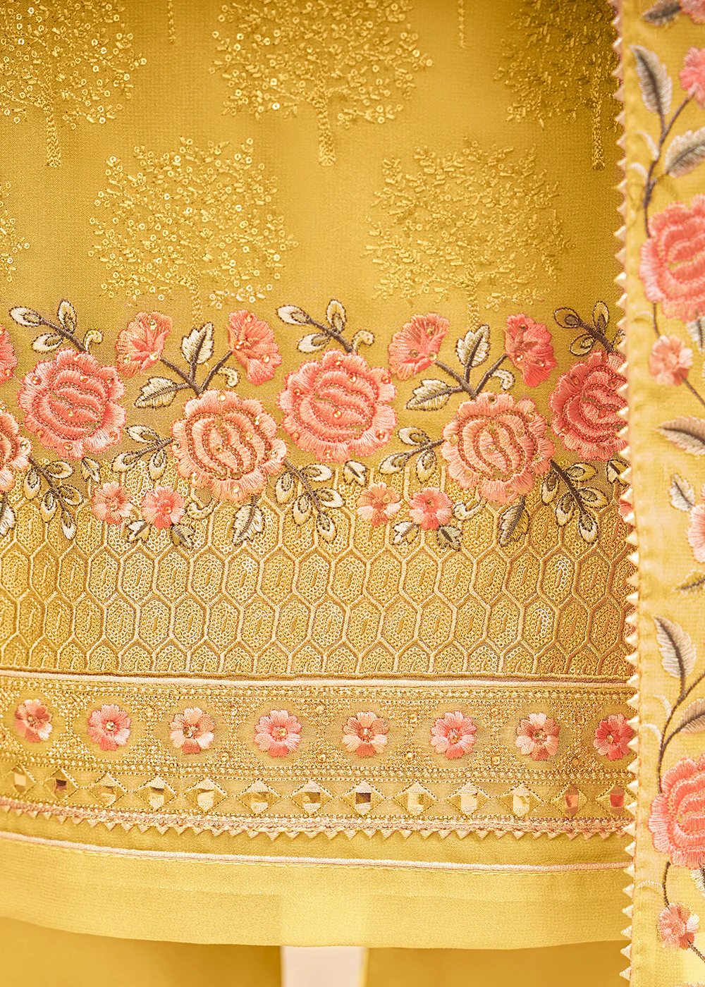 Rich Yellow Floral Embroidered Festive Pant Style Suit - Image 3