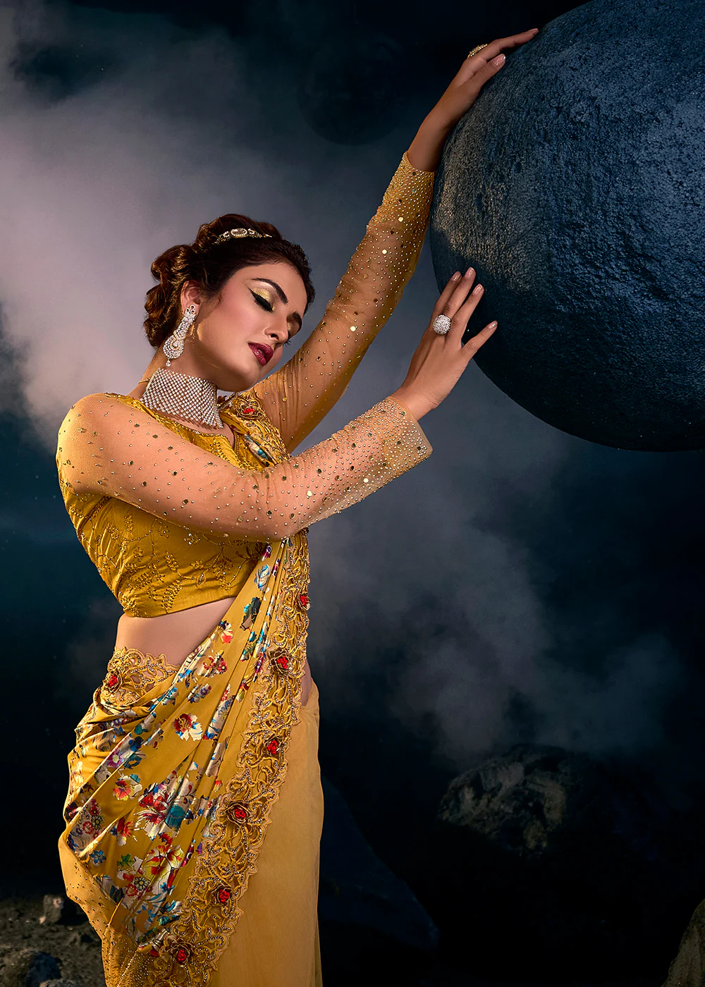 Rich Yellow Premium Net Heavy Embroidered Designer Saree - Image 2