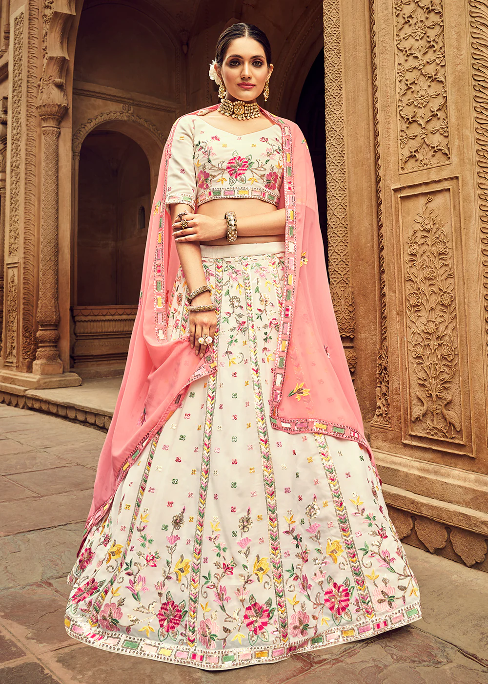 Riveting Beige Bridesmaid Georgette Wedding Lehenga Choli