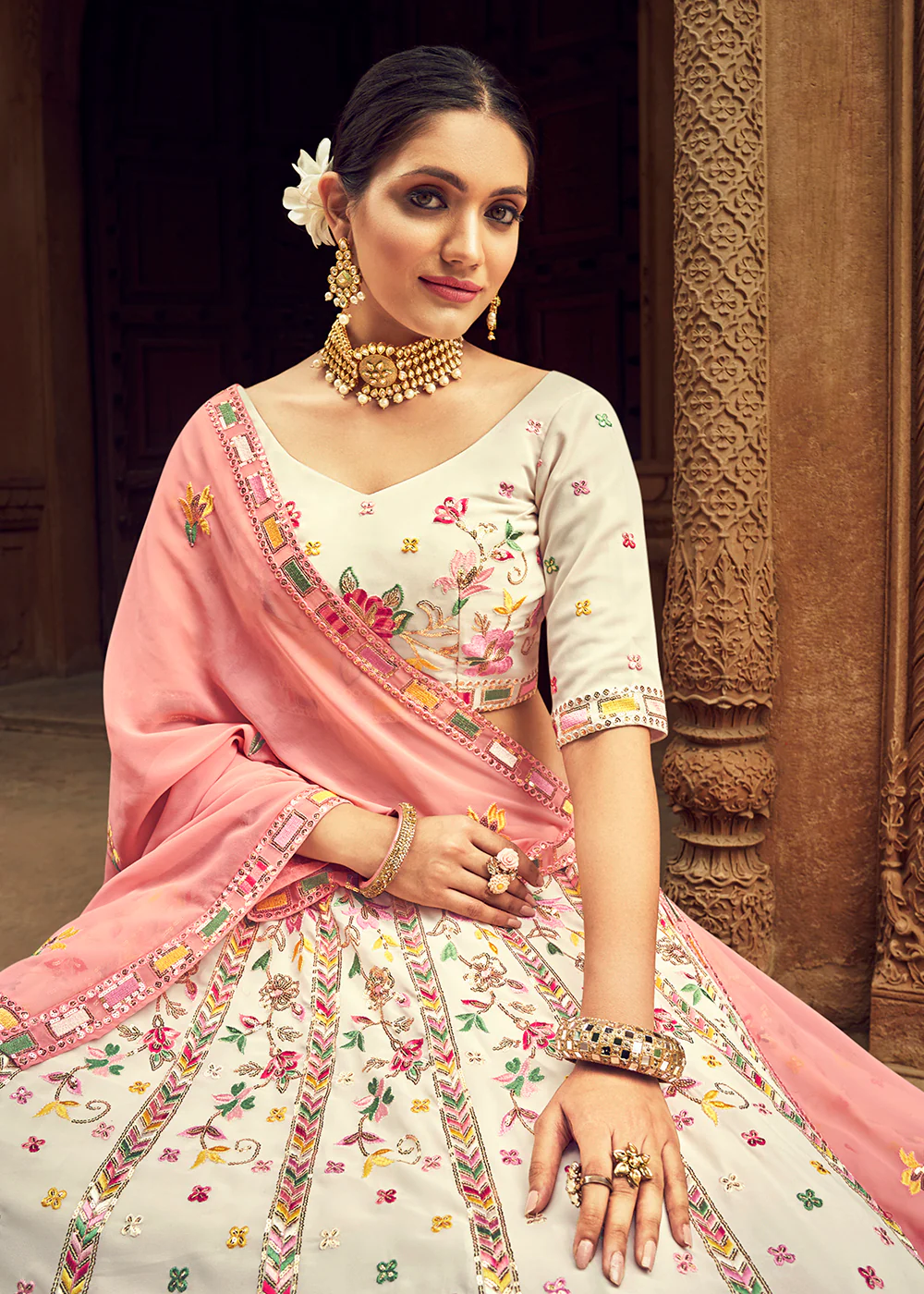 Riveting Beige Bridesmaid Georgette Wedding Lehenga Choli - Image 2