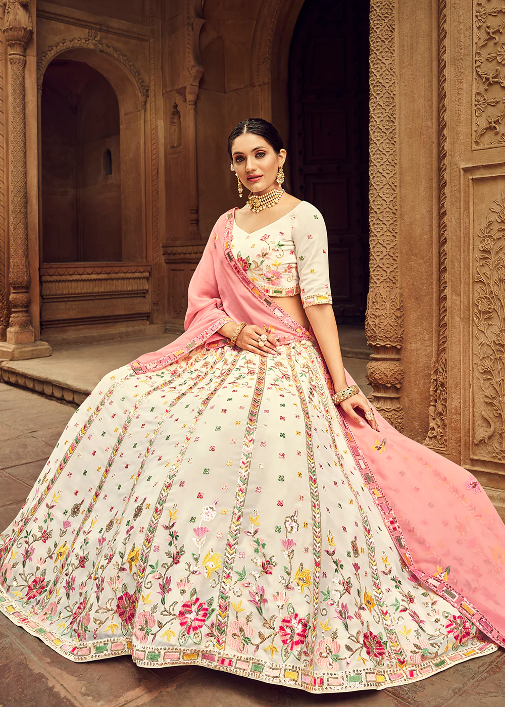 Riveting Beige Bridesmaid Georgette Wedding Lehenga Choli - Image 3