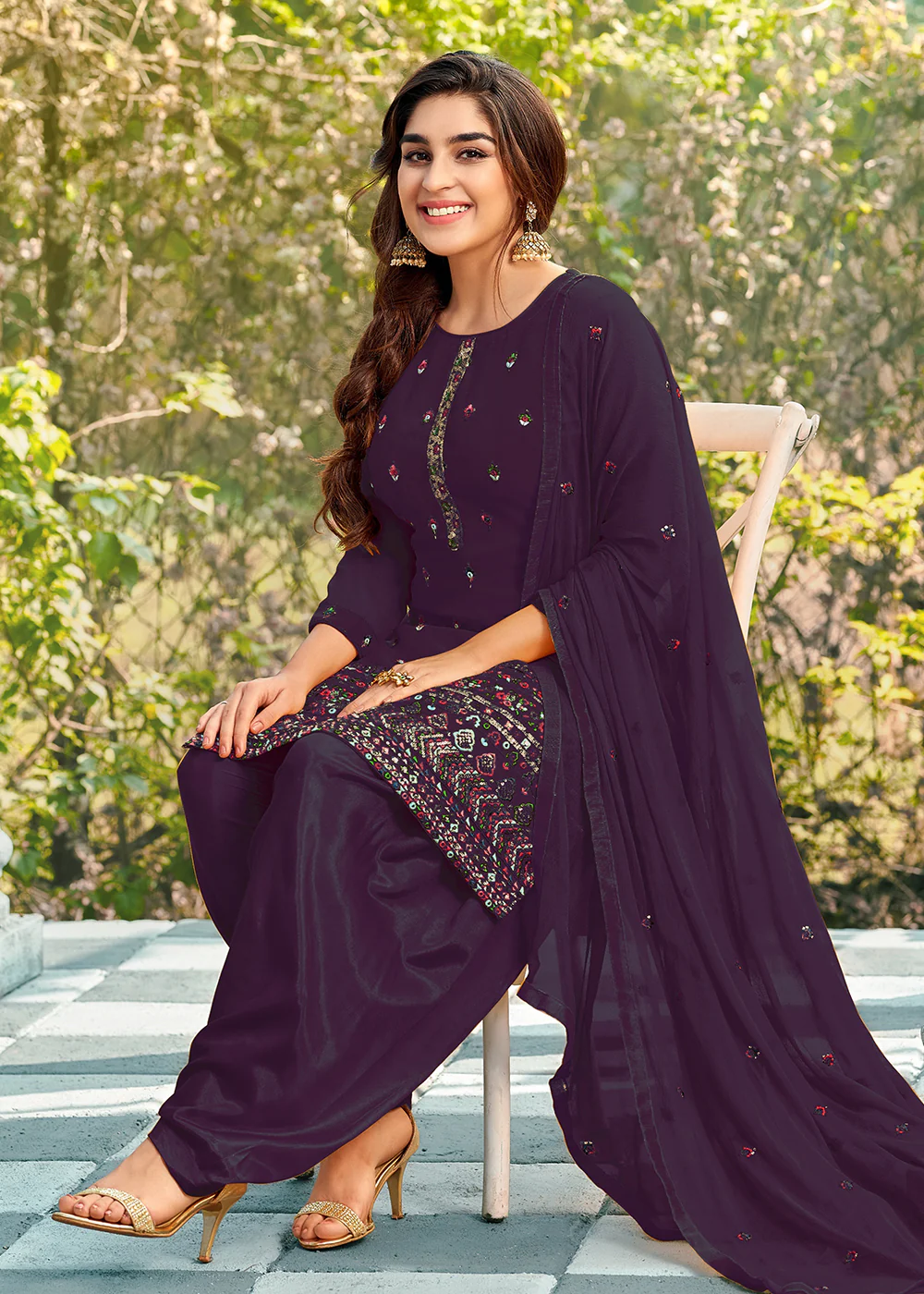 Riveting Purple Punjabi Style Embroidered Georgette Patiala Suit - Image 3