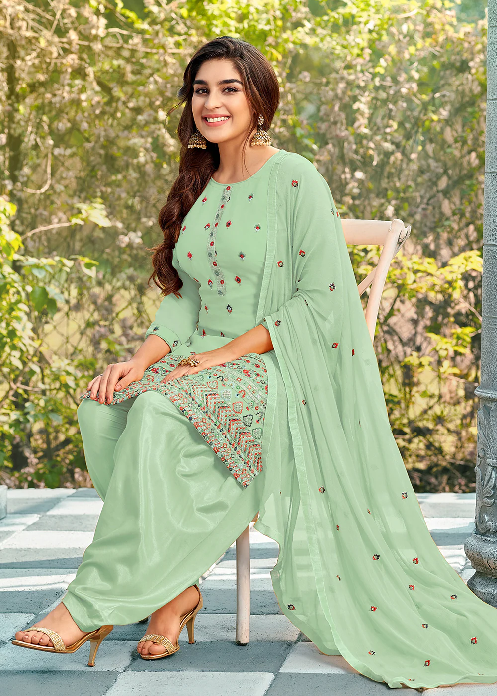 Riveting Sea Green Punjabi Style Embroidered Georgette Patiala Suit - Image 3