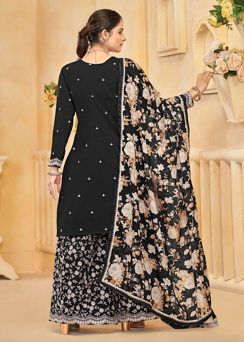 Roman Silk Embroidered Black Festive Palazzo Suit - Image 3
