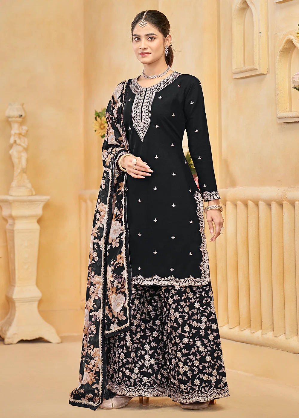 Roman Silk Embroidered Black Festive Palazzo Suit - Image 4