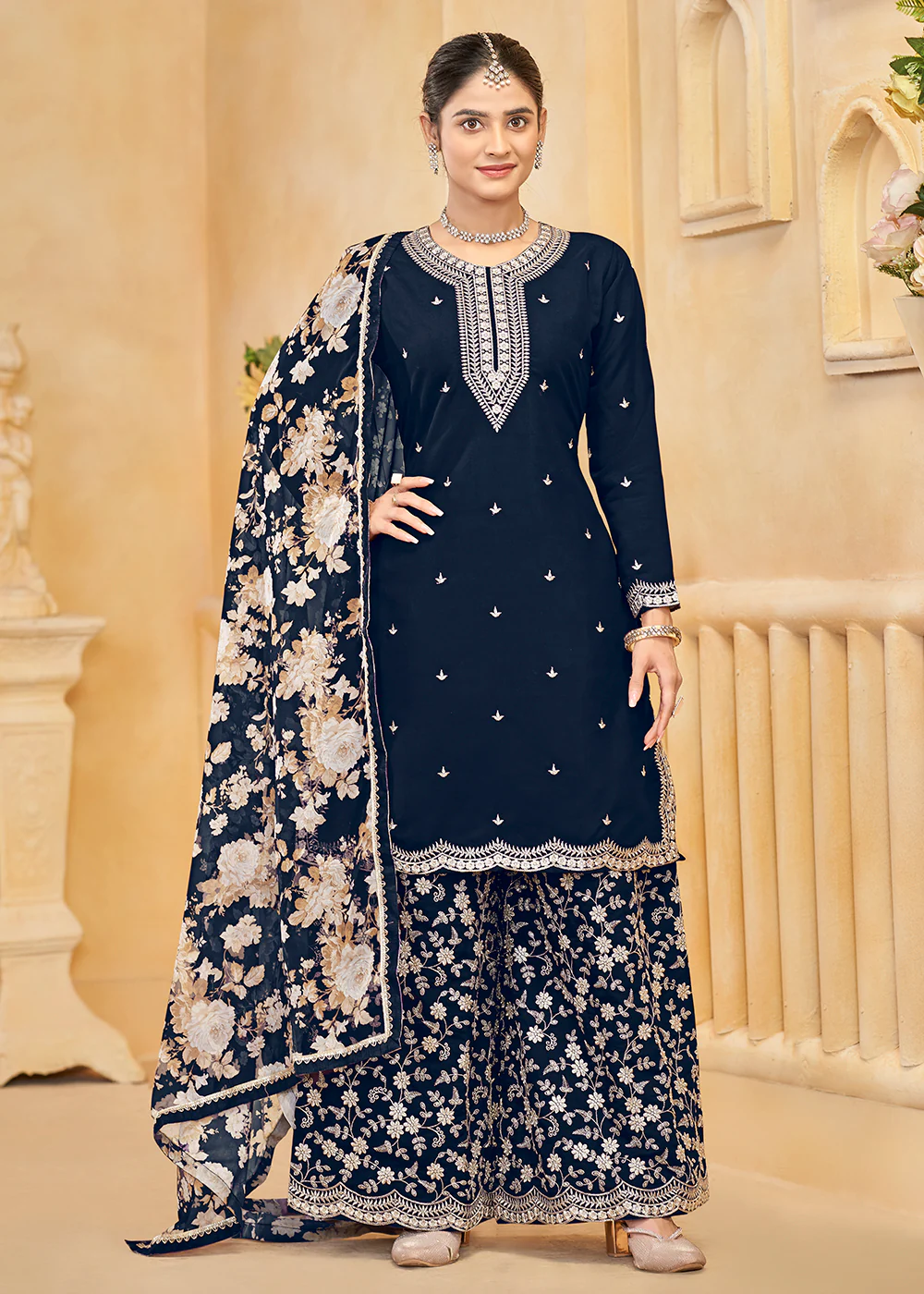 Roman Silk Embroidered Blue Festive Palazzo Suit