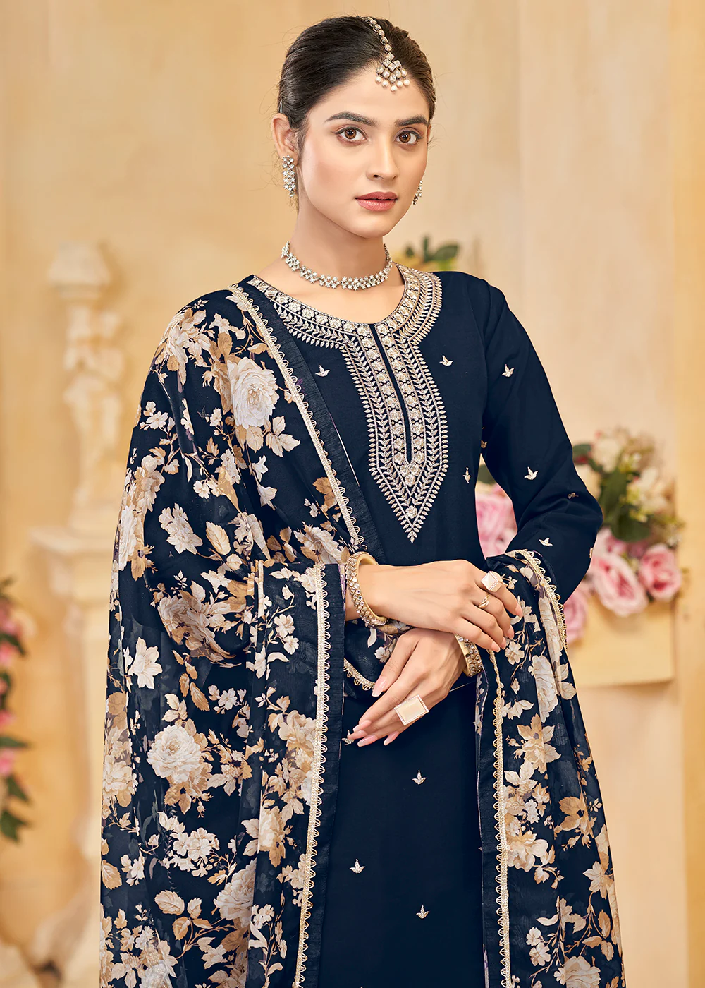 Roman Silk Embroidered Blue Festive Palazzo Suit - Image 2