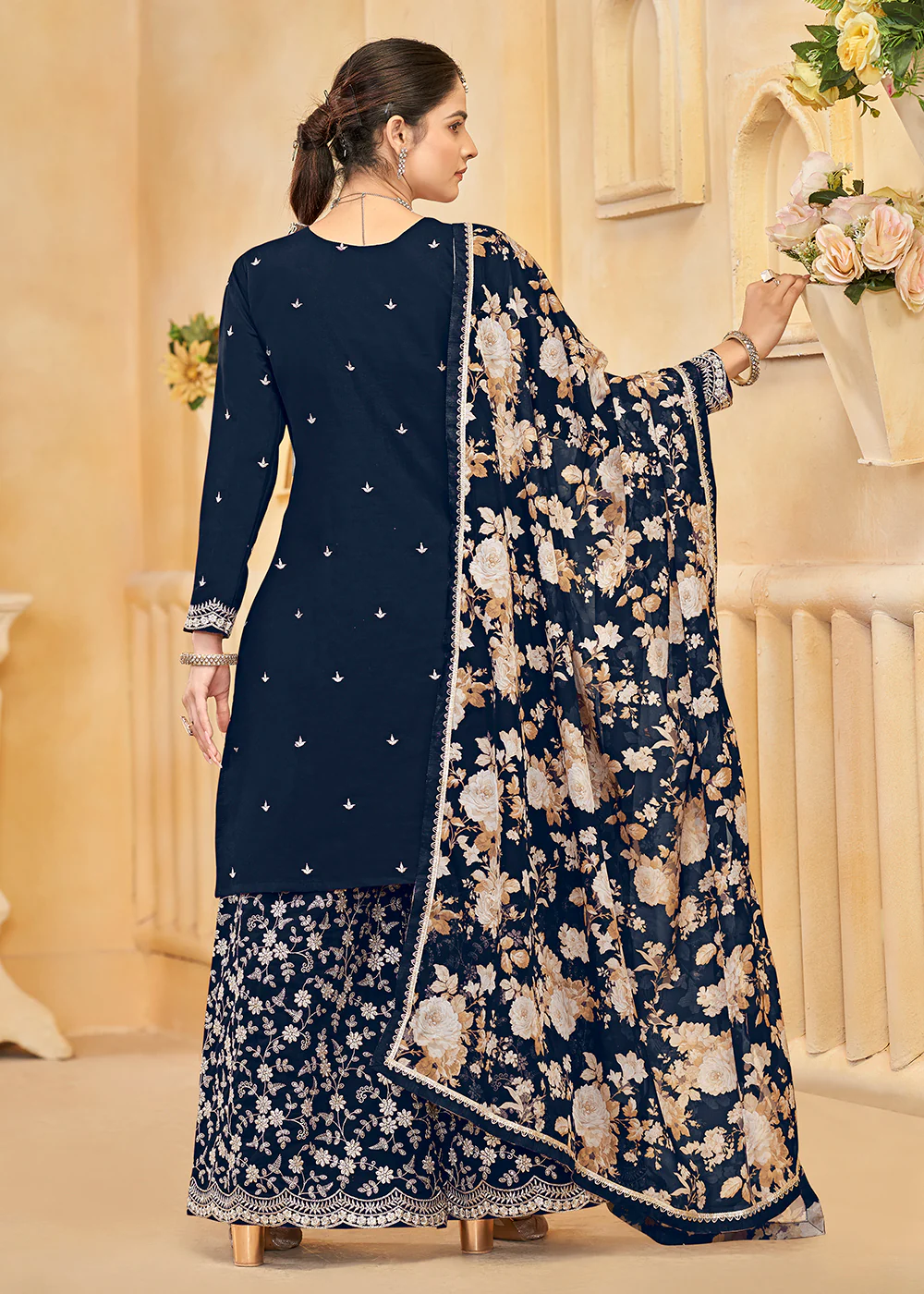 Roman Silk Embroidered Blue Festive Palazzo Suit - Image 3