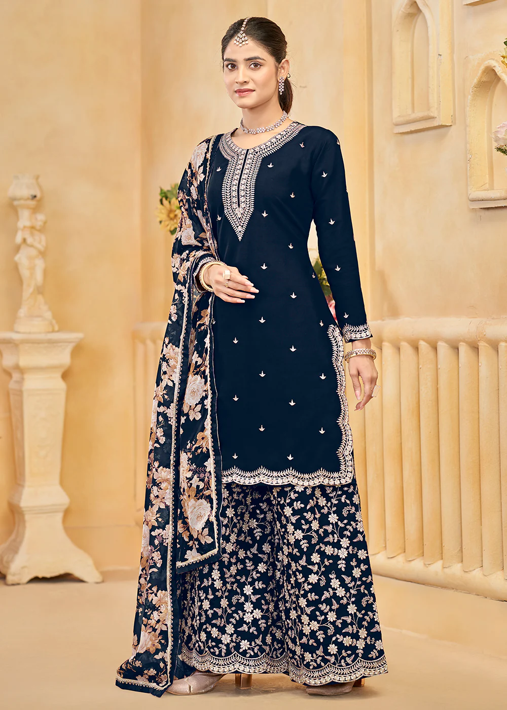 Roman Silk Embroidered Blue Festive Palazzo Suit - Image 4