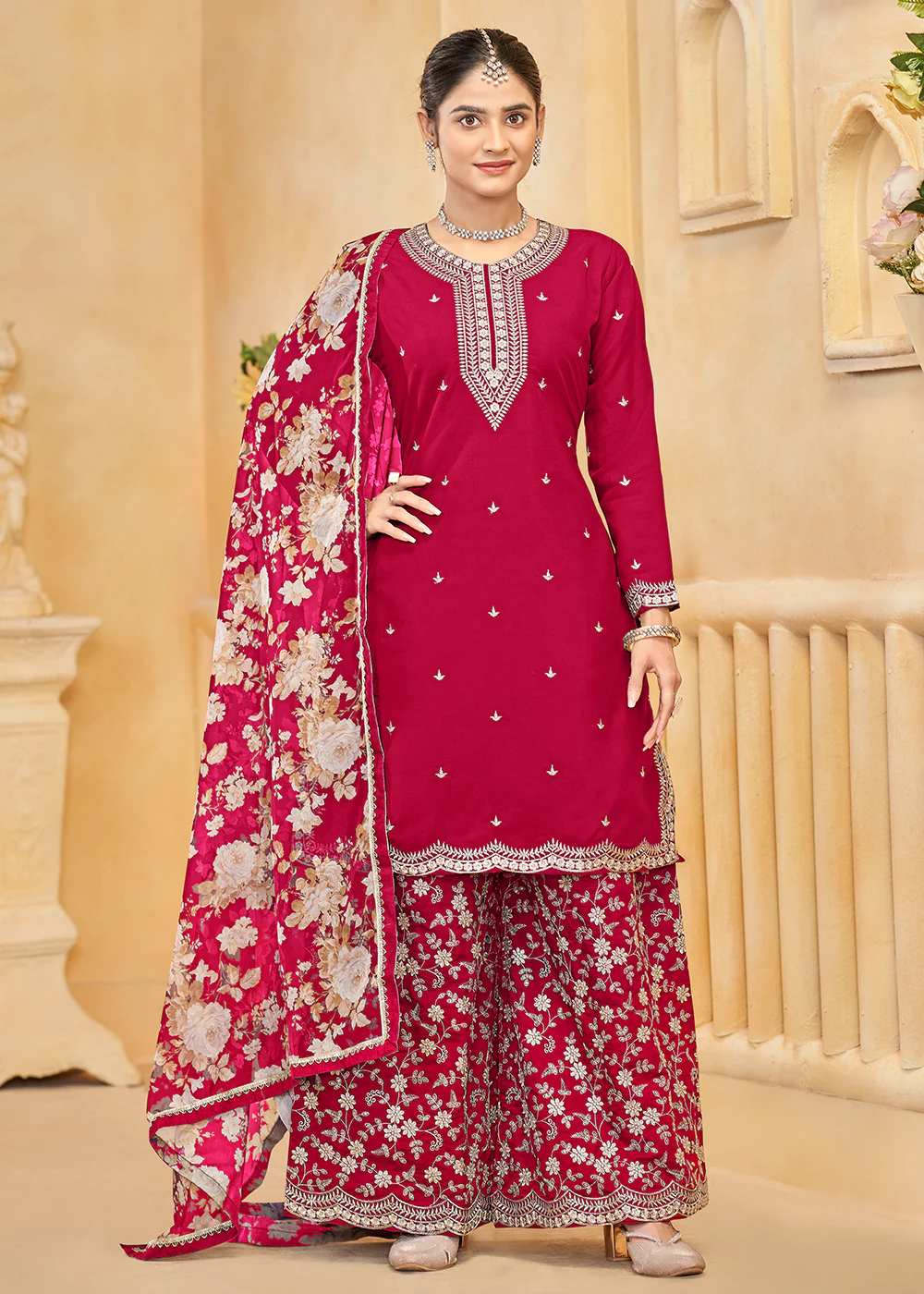 Roman Silk Embroidered Pink Festive Palazzo Suit