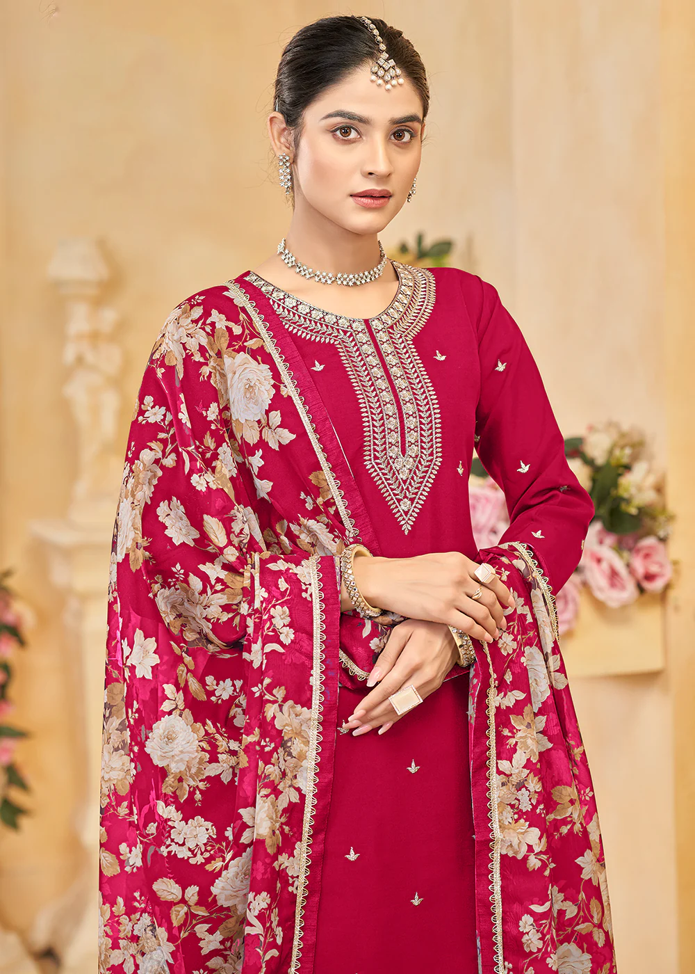Roman Silk Embroidered Pink Festive Palazzo Suit - Image 2