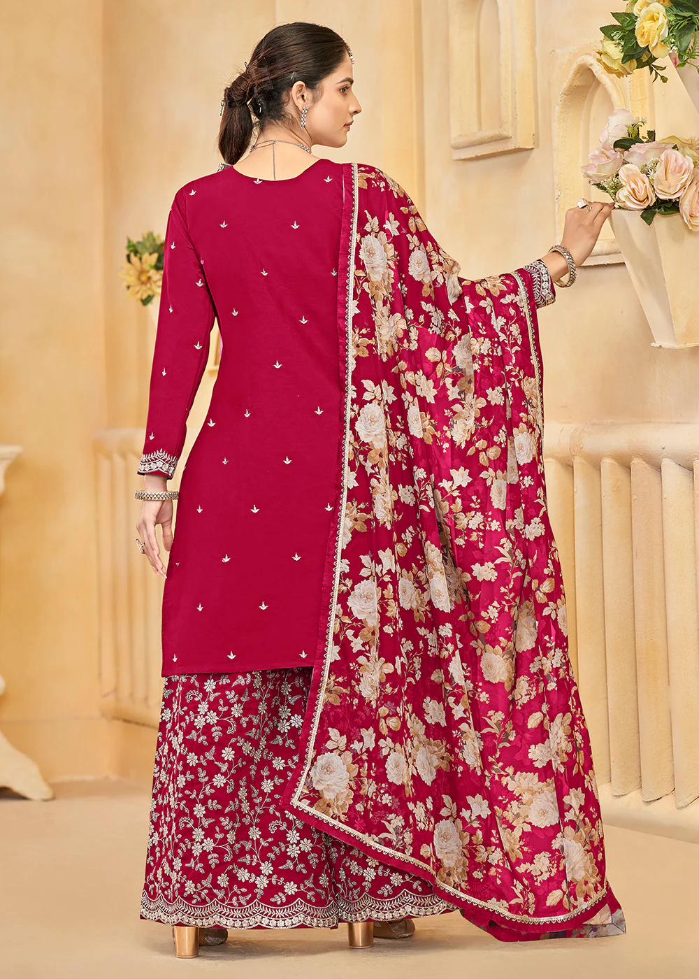Roman Silk Embroidered Pink Festive Palazzo Suit - Image 3