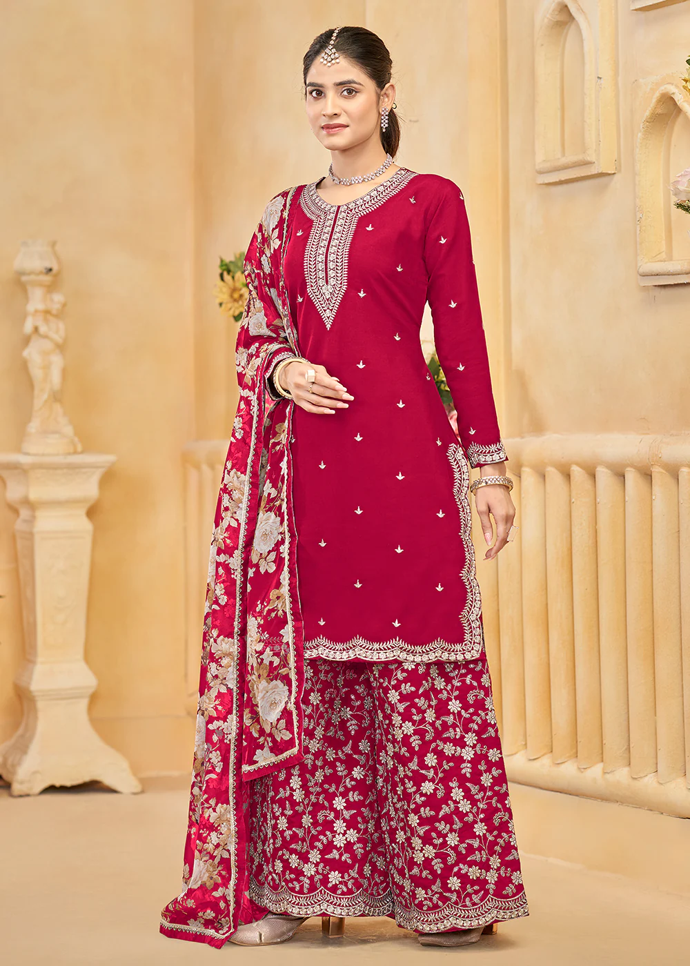 Roman Silk Embroidered Pink Festive Palazzo Suit - Image 4