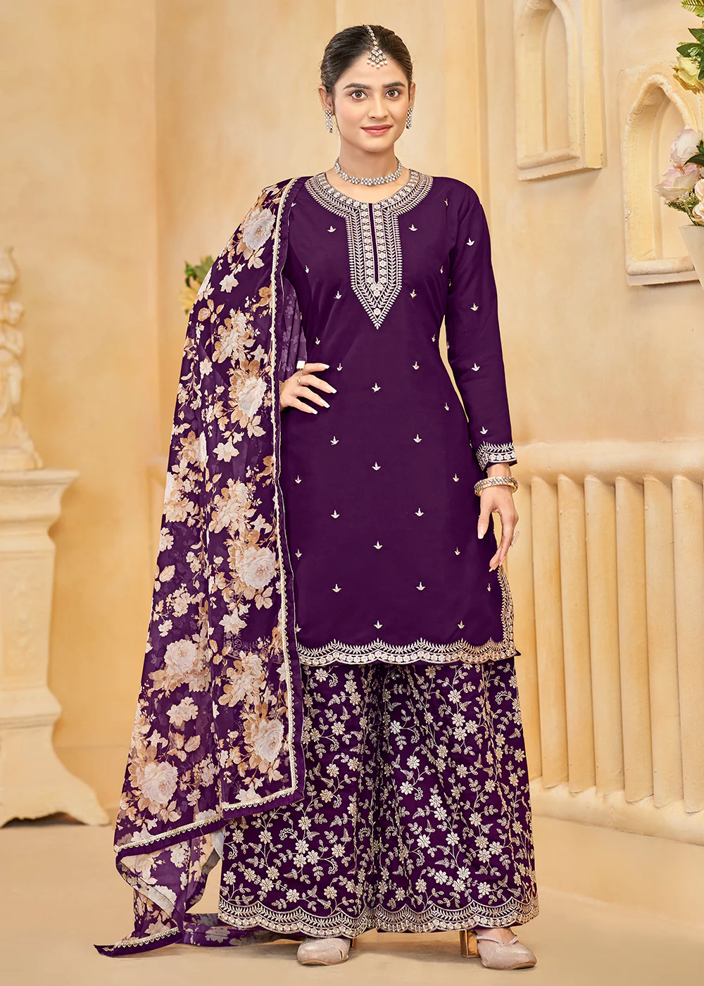 Roman Silk Embroidered Purple Festive Palazzo Suit