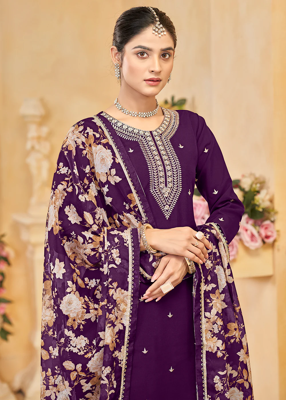 Roman Silk Embroidered Purple Festive Palazzo Suit - Image 2