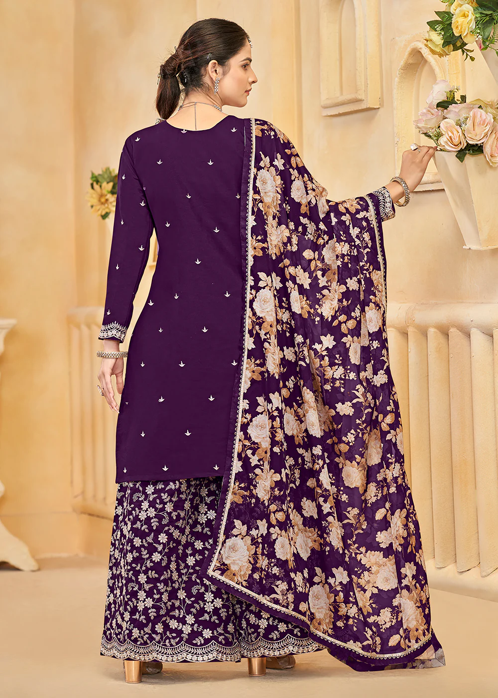 Roman Silk Embroidered Purple Festive Palazzo Suit - Image 3