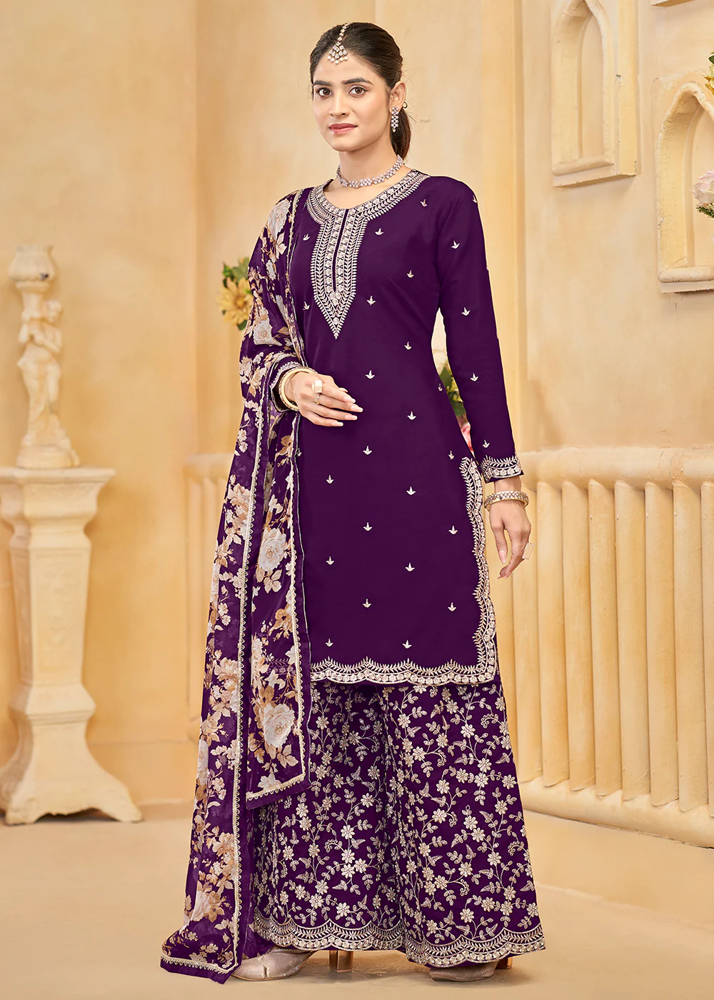 Roman Silk Embroidered Purple Festive Palazzo Suit - Image 4