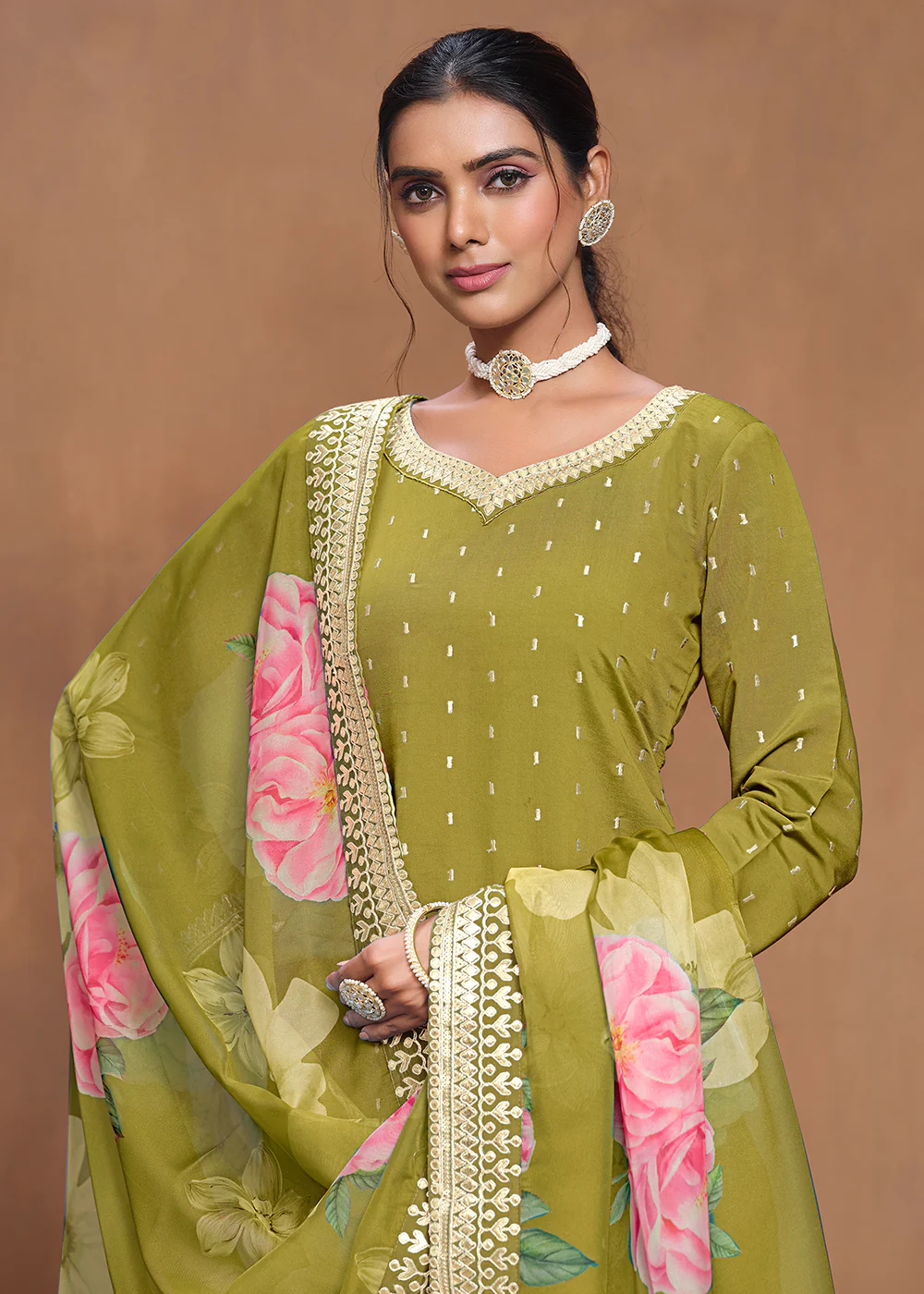Roman Silk Green Embroidered Festive Gharara Suit - Image 2