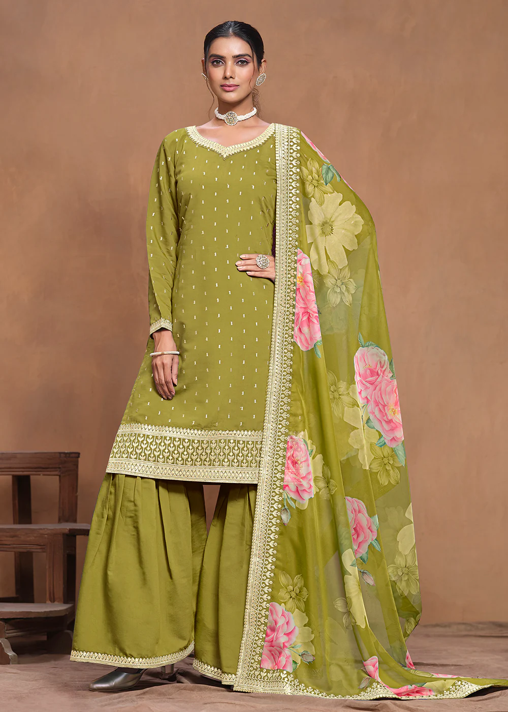Roman Silk Green Embroidered Festive Gharara Suit - Image 3