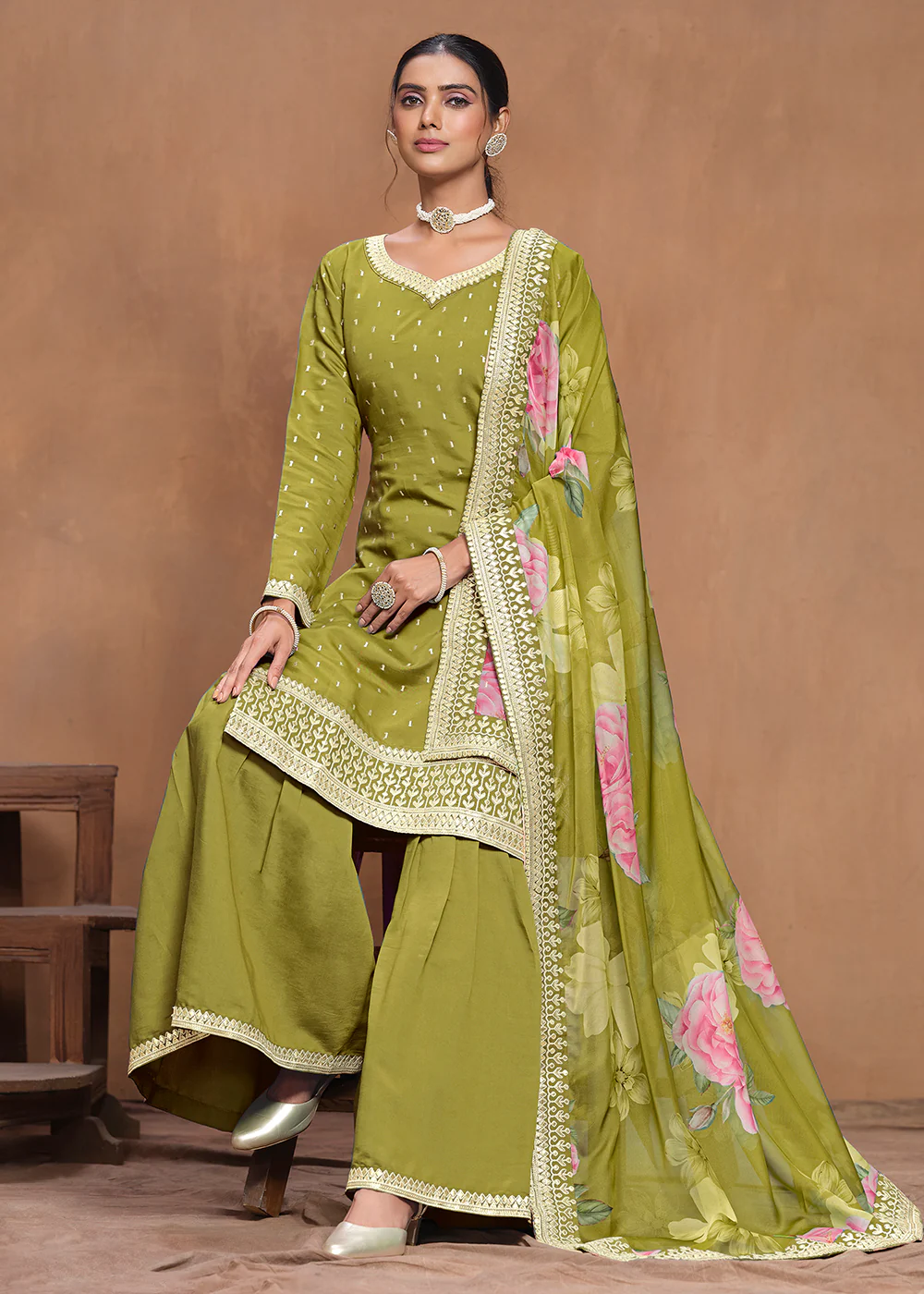 Roman Silk Green Embroidered Festive Gharara Suit - Image 4