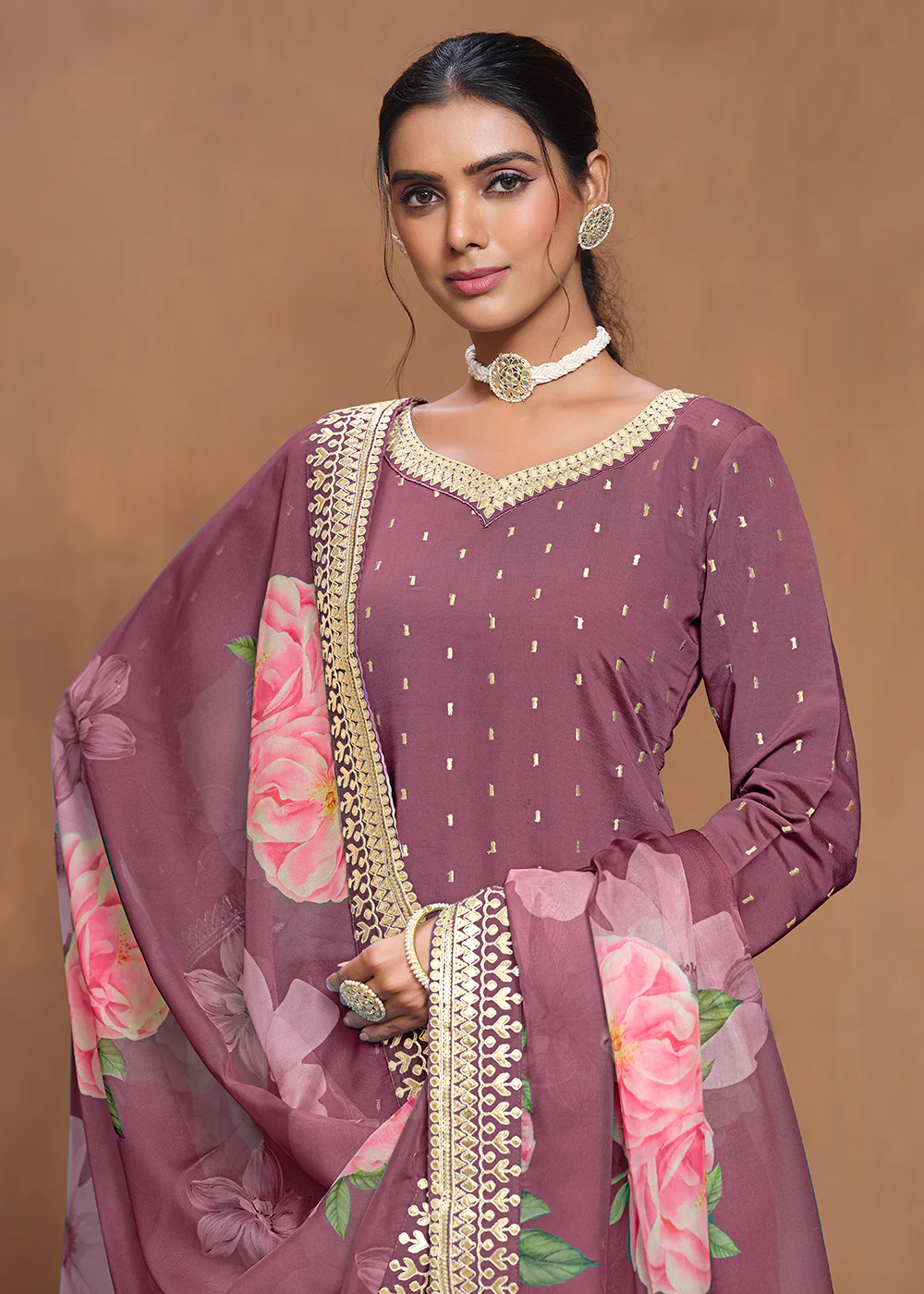 Roman Silk Purple Embroidered Festive Gharara Suit - Image 2
