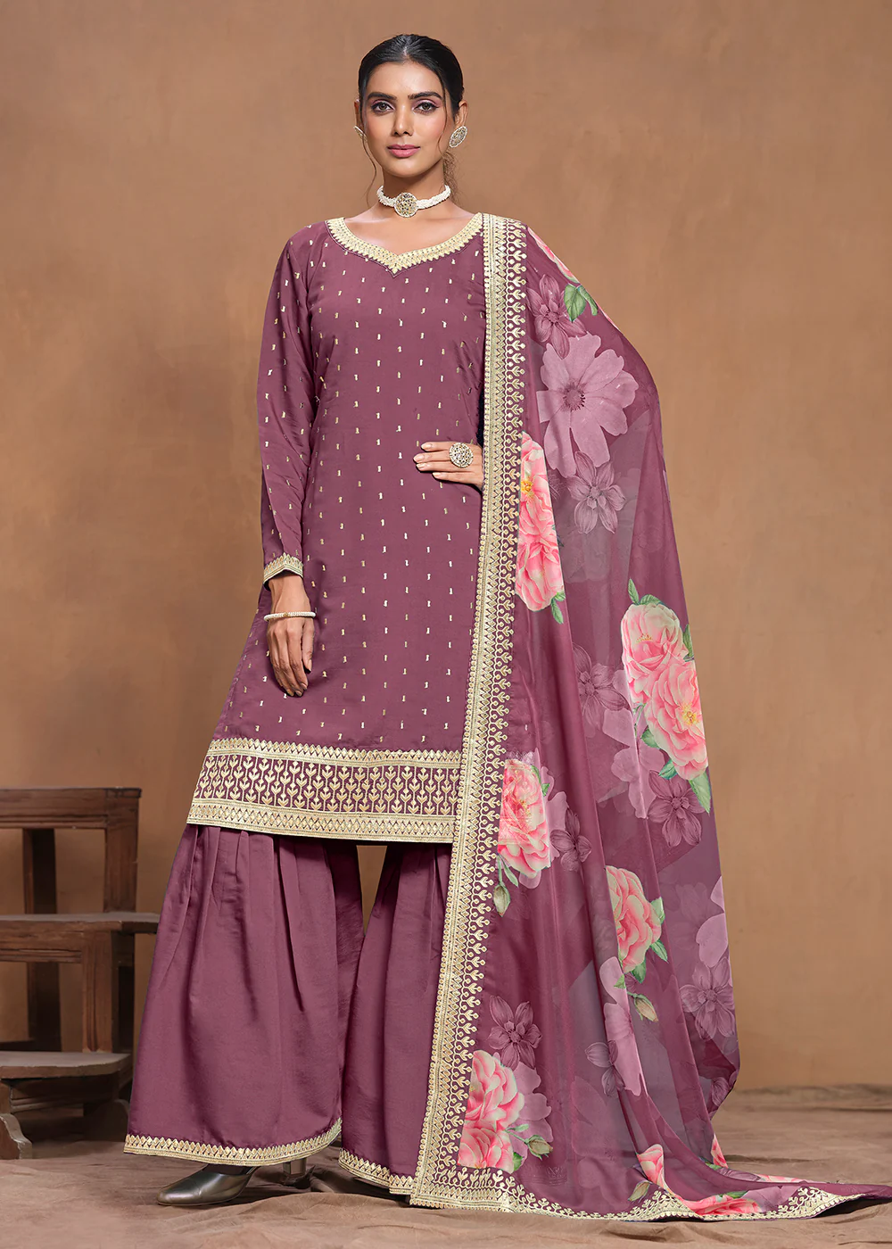 Roman Silk Purple Embroidered Festive Gharara Suit - Image 3